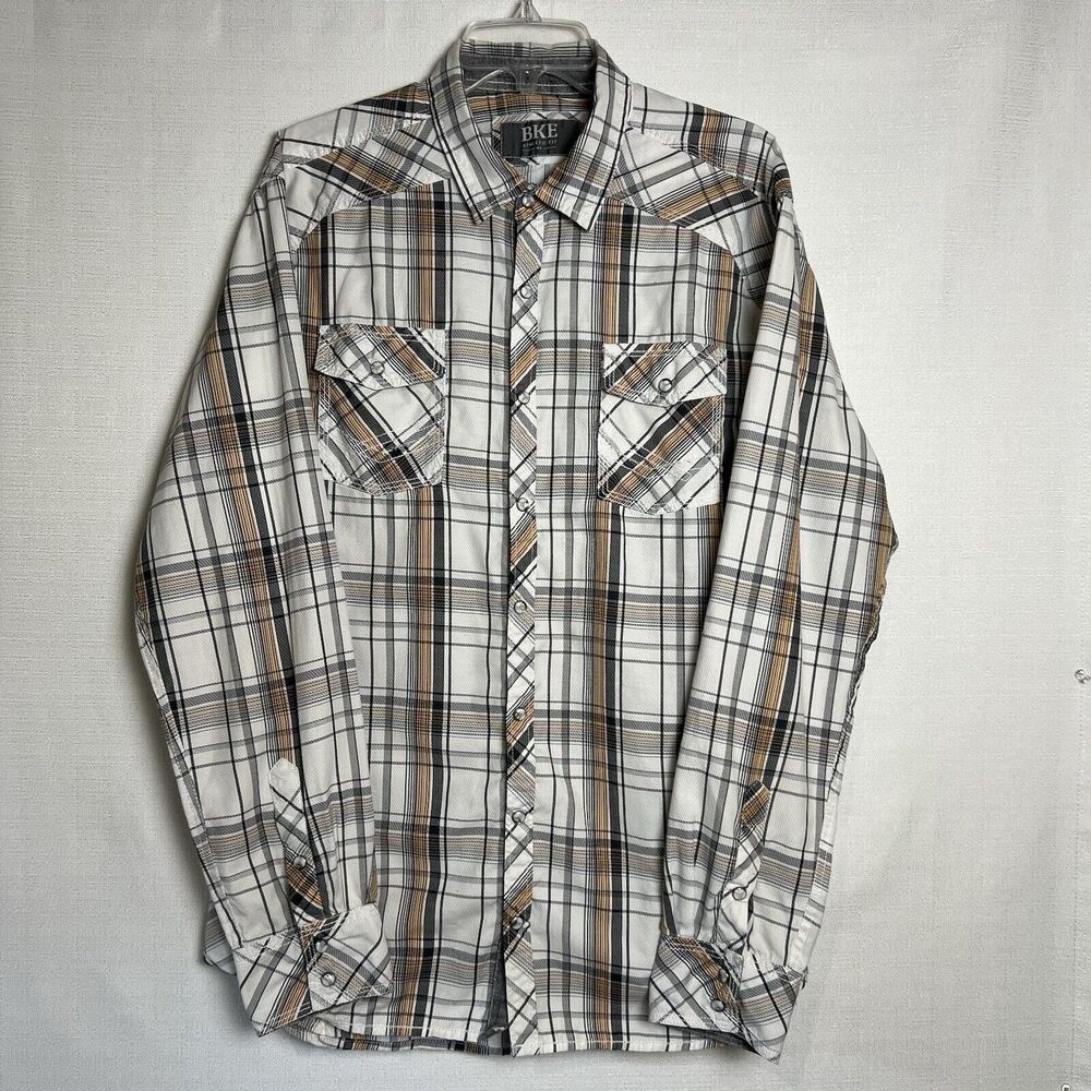 BKE Plaid Standard Fit Pearl Snap Button Down Shirt XL Double Pocket Western